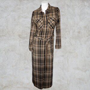 G.I.L.I. (Got It Love It) Brown Plaid Women's Long Snap Up / Belted Maxi Dress